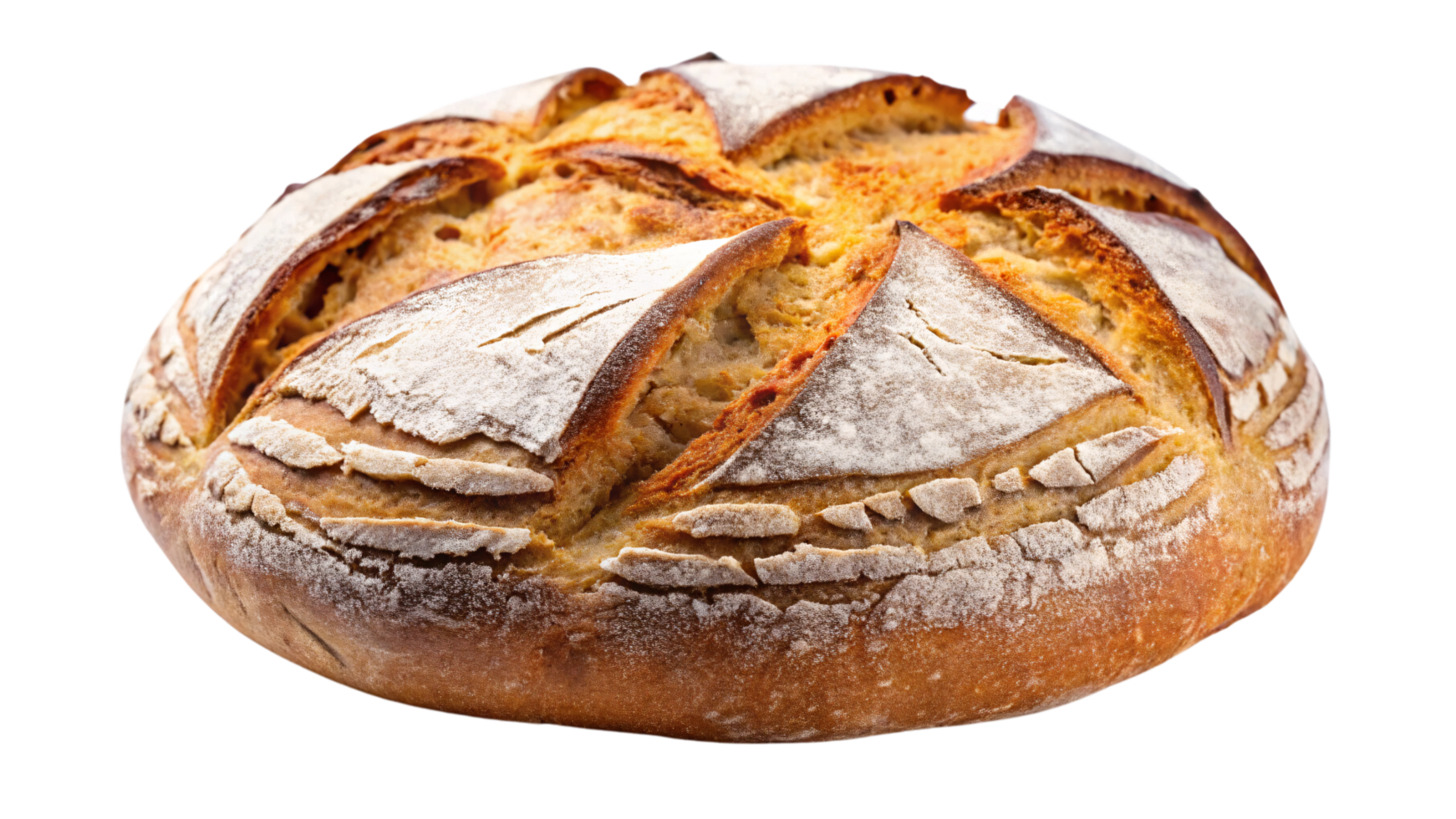 A beautifully baked, crusty sourdough bread loaf with artistic scoring patterns, ideal for gourmet meals and artisan bread lovers png