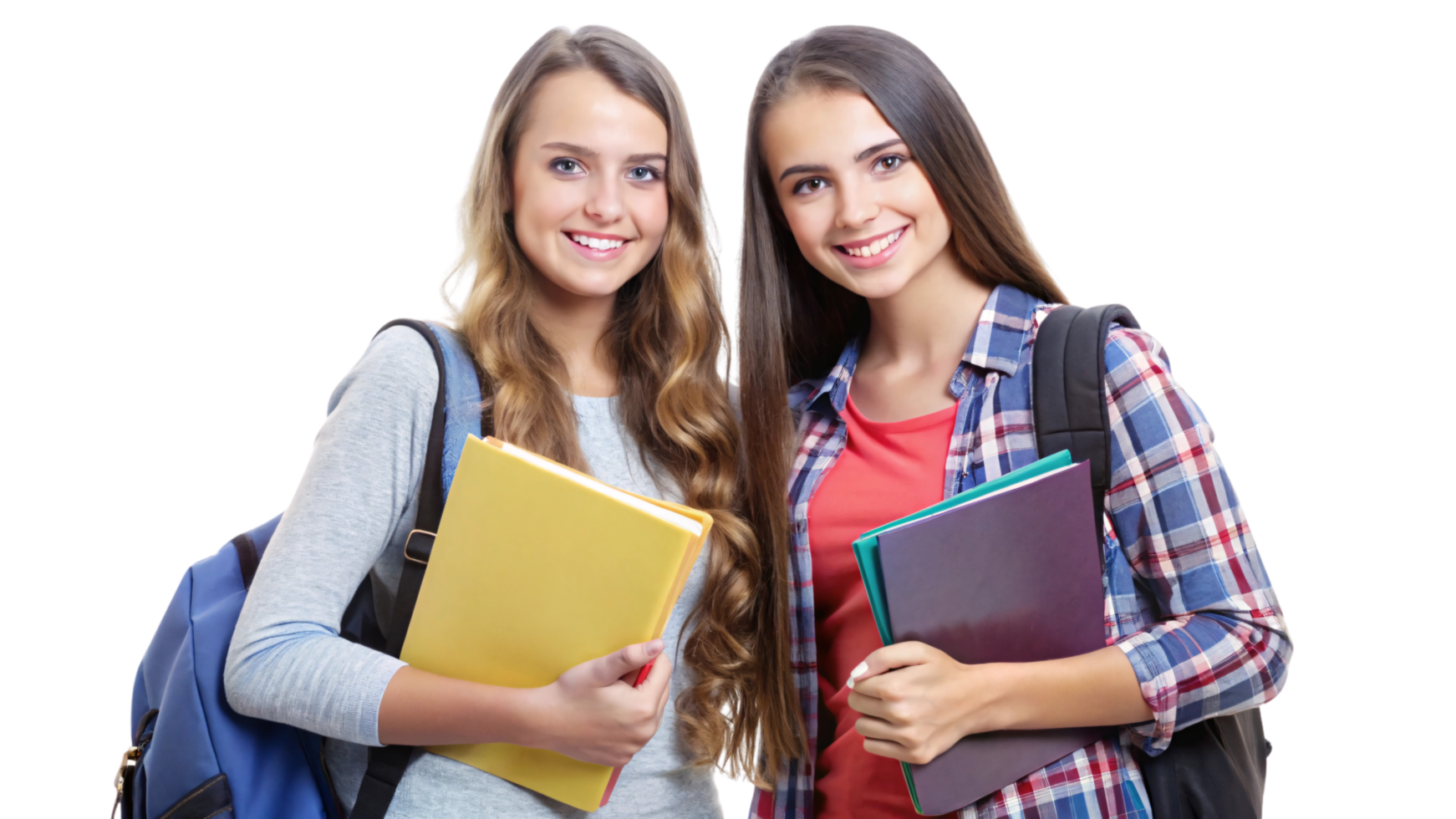 Two girls with backpacks, holding notebooks and smiling, conveying a positive and cheerful school atmosphere with friendship png