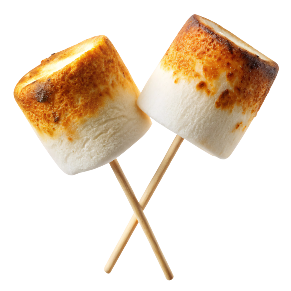 Two toasted marshmallows on sticks, with golden-brown tops contrasting their soft, white texture, creating a tempting, roasted appearance png