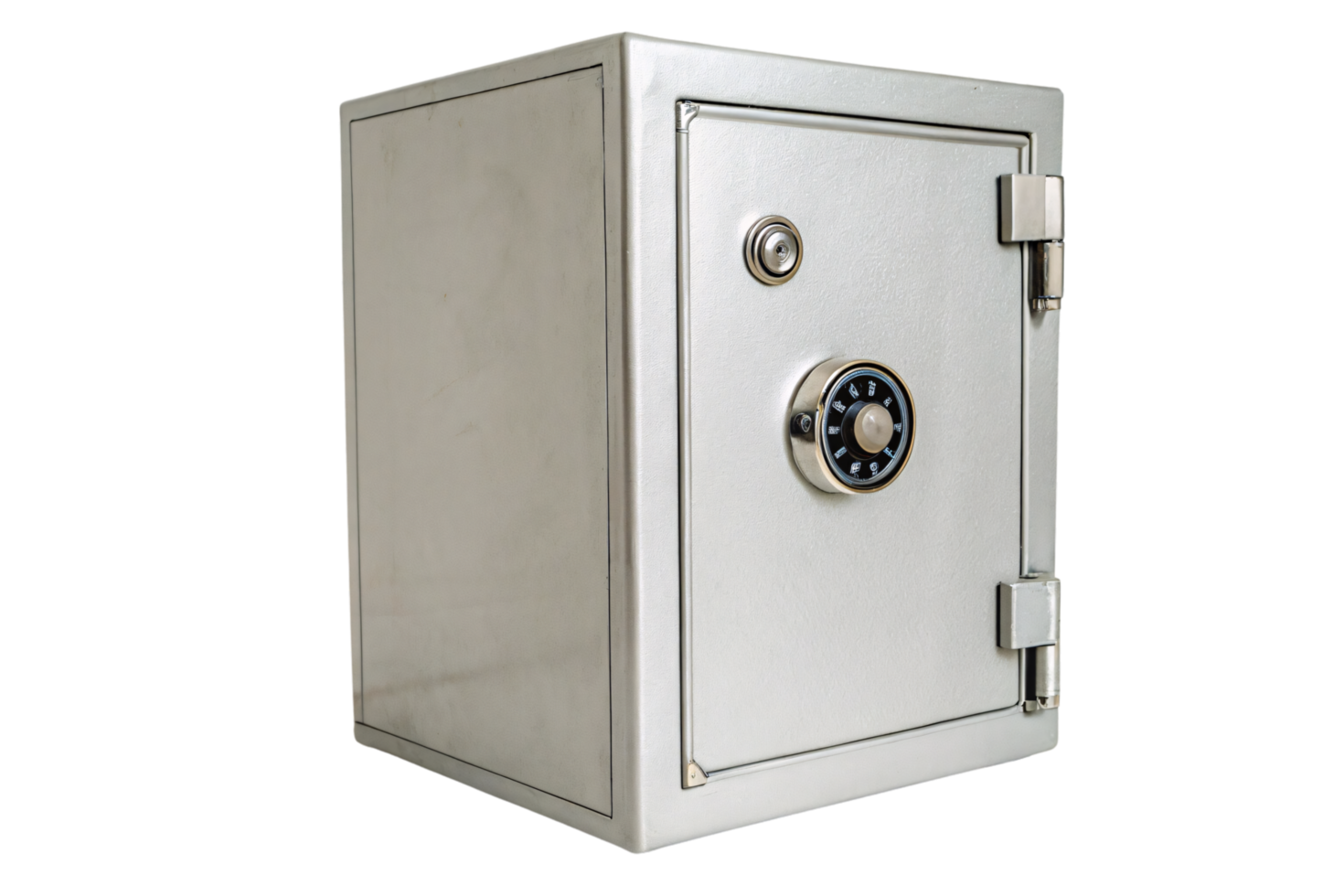 A solid metallic safe with a simple design and a combination lock. It conveys security, reliability, and strong protection png