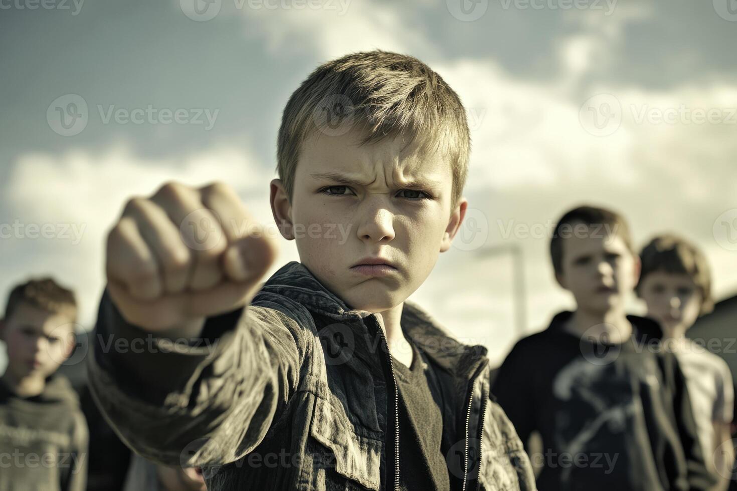 A group of boys stands together in an urban area, with one boy in front showing a fist of defiance. The late afternoon sun casts shadows, highlighting their expressions and emotions photo