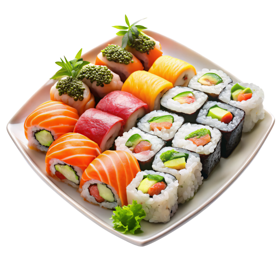A colorful sushi assortment on a square plate, featuring various rolls with salmon, tuna, and avocado, garnished with herbs and roe png