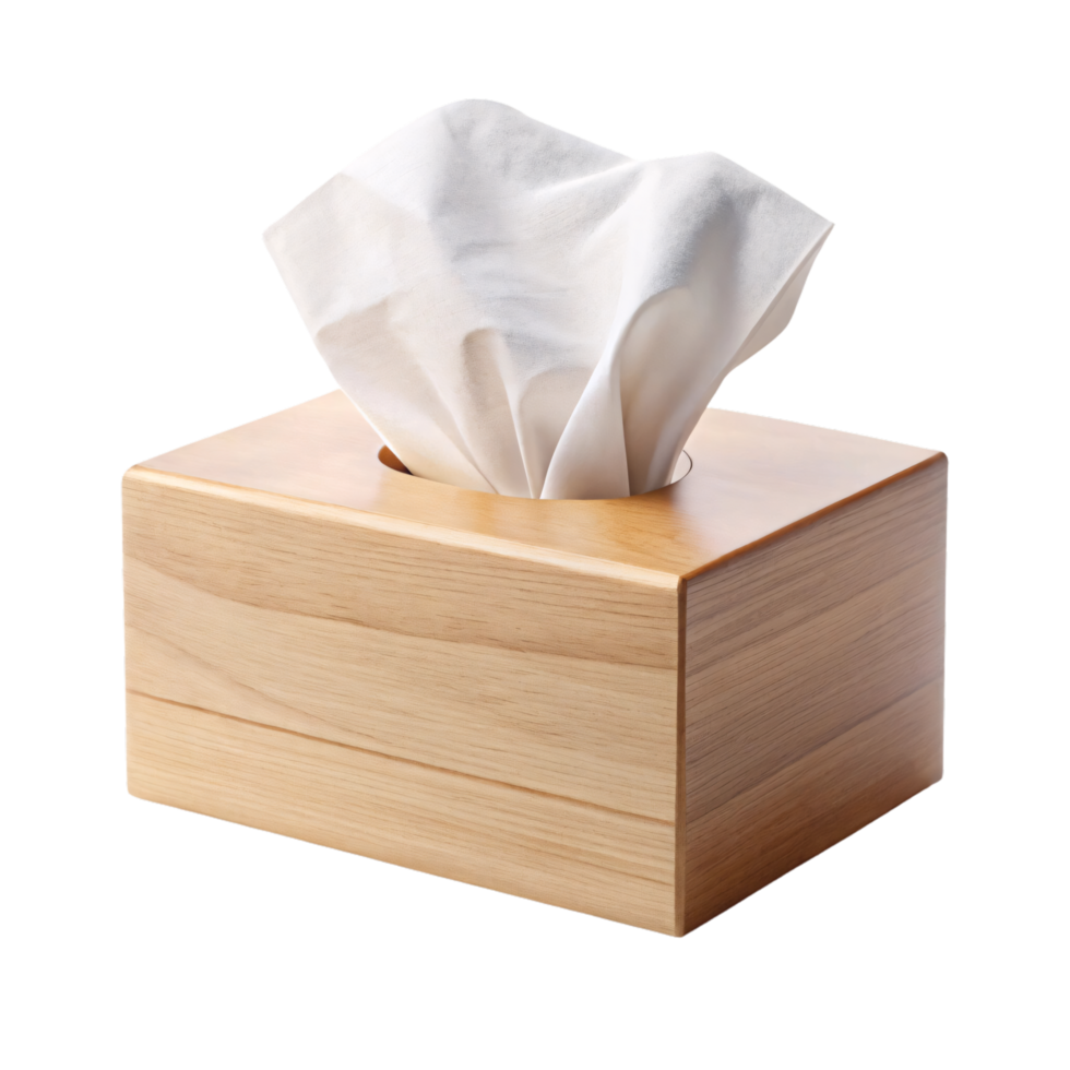 A wooden tissue box, lighter in tone, showcasing smooth craftsmanship. A white tissue pops out, highlighting a blend of natural wood and practical use png