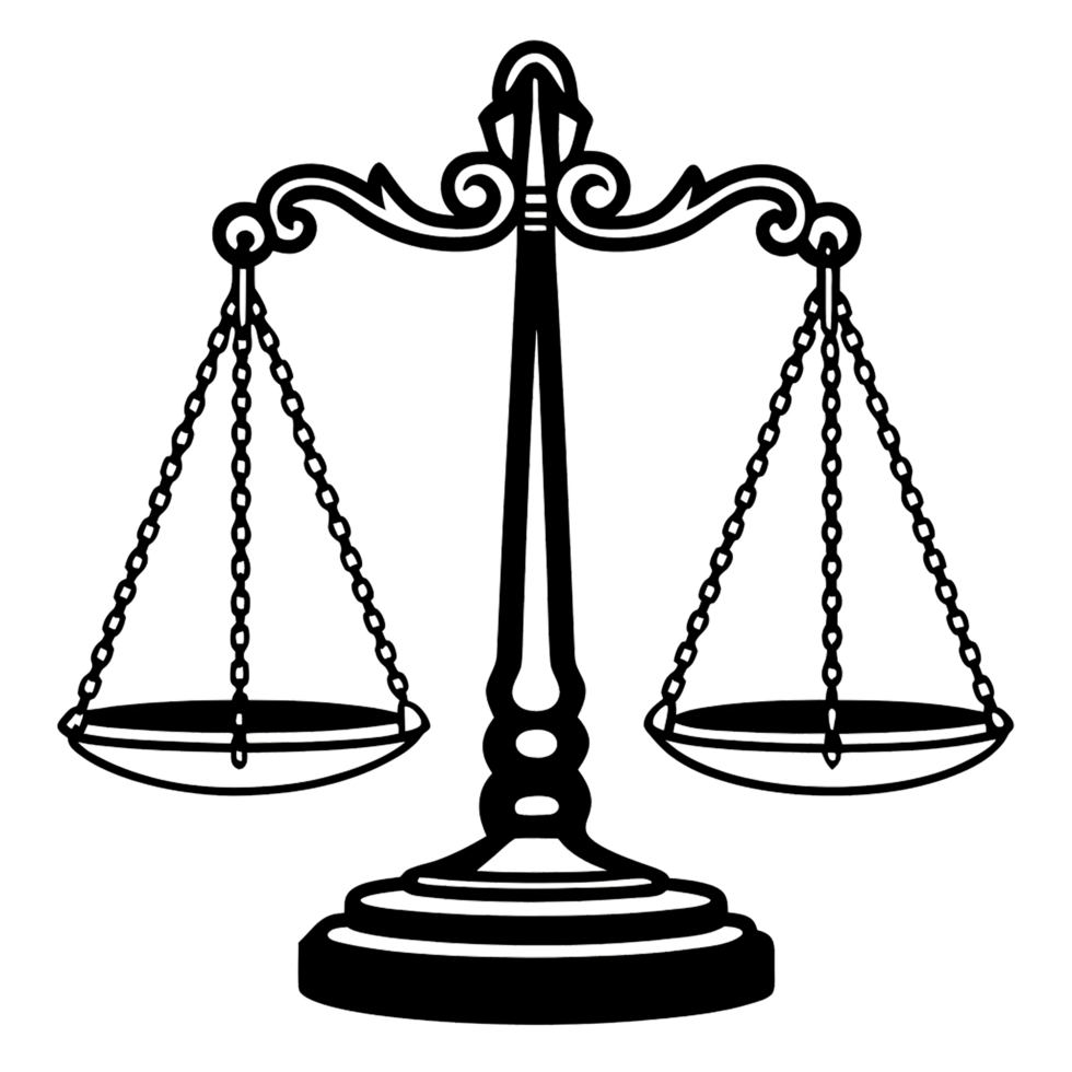 A scales of justice illustration with a more detailed base and ornate design, showcasing a classical and elegant aesthetic png