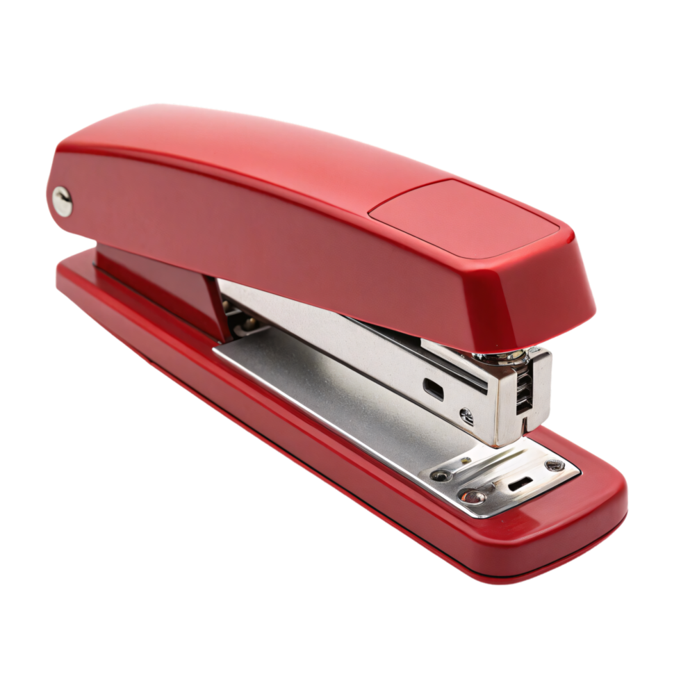 A red stapler, slightly different angle, showcasing its glossy finish and streamlined, ergonomic build png