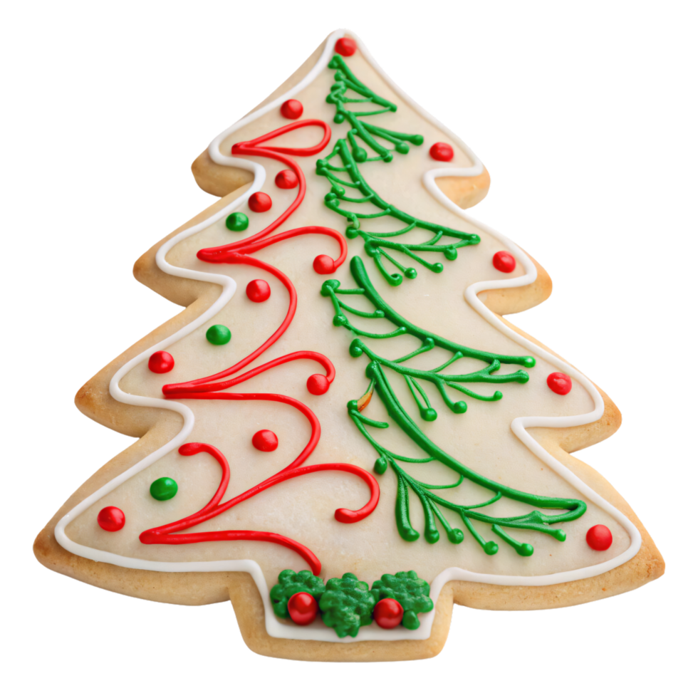 Christmas tree cookie decorated with alternating red and green swirls and dotted ornaments, creating a festive, decorative holiday look png