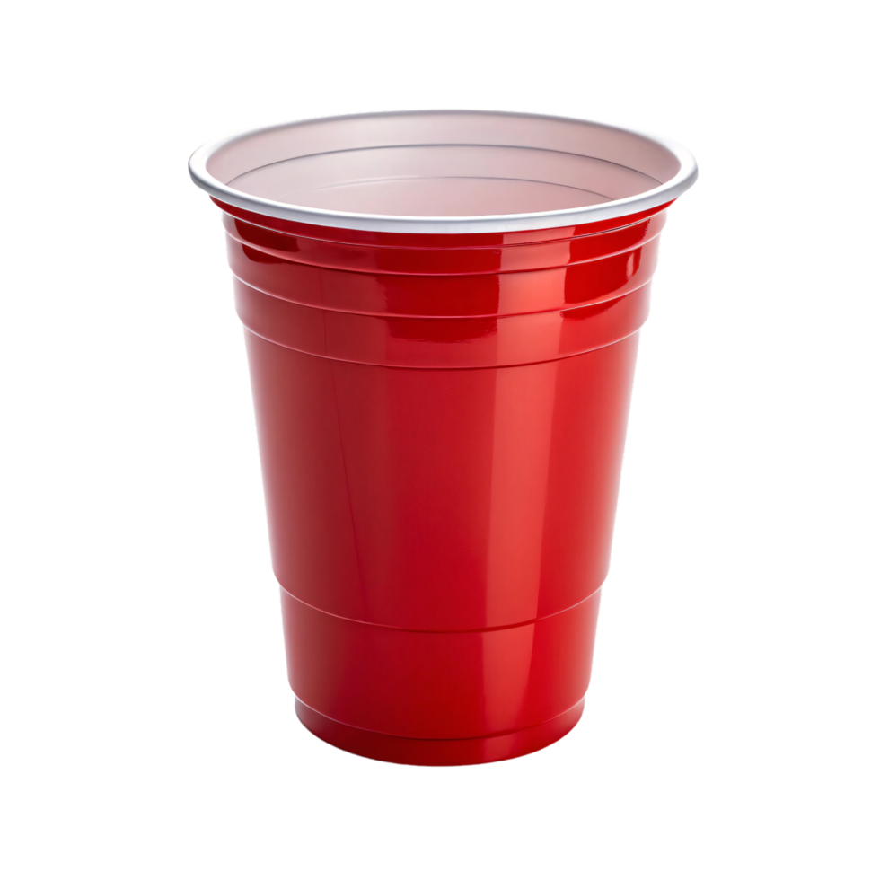 A vibrant red plastic cup with glossy finish, white interior, and tapered base. Smooth and reflective surface emphasizes its sturdy, classic design png