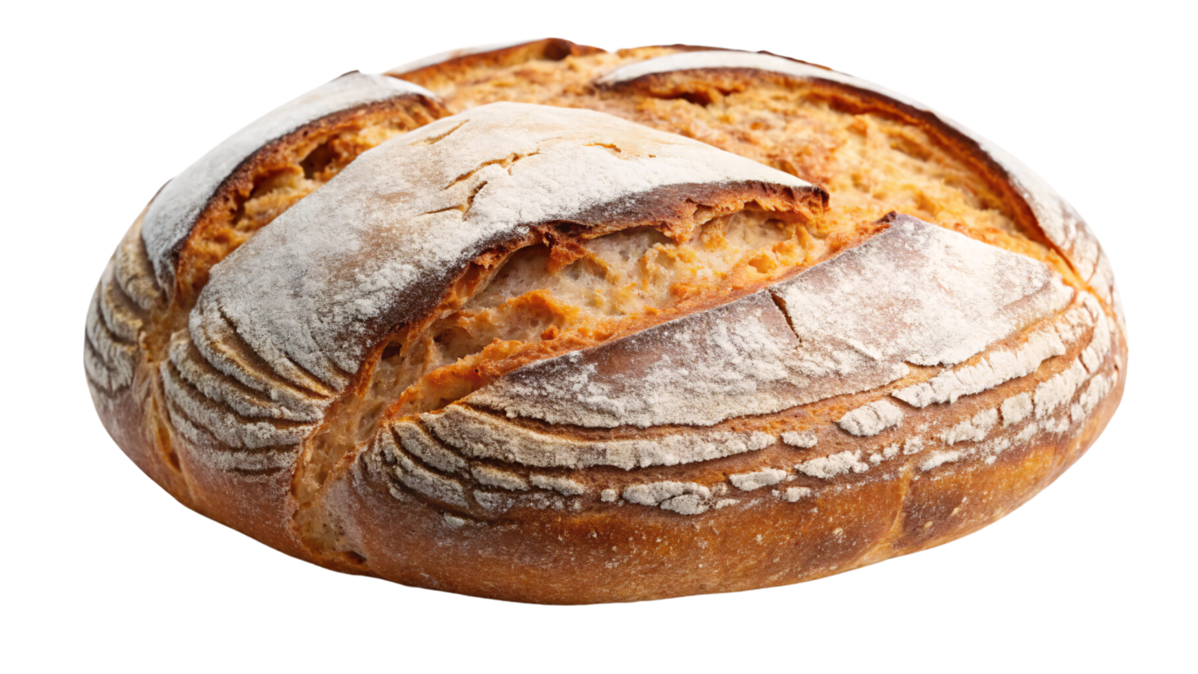 A rustic, crusty loaf of bread with a flour-dusted surface and deep scoring, highlighting artisanal craftsmanship and the warmth of fresh baking png