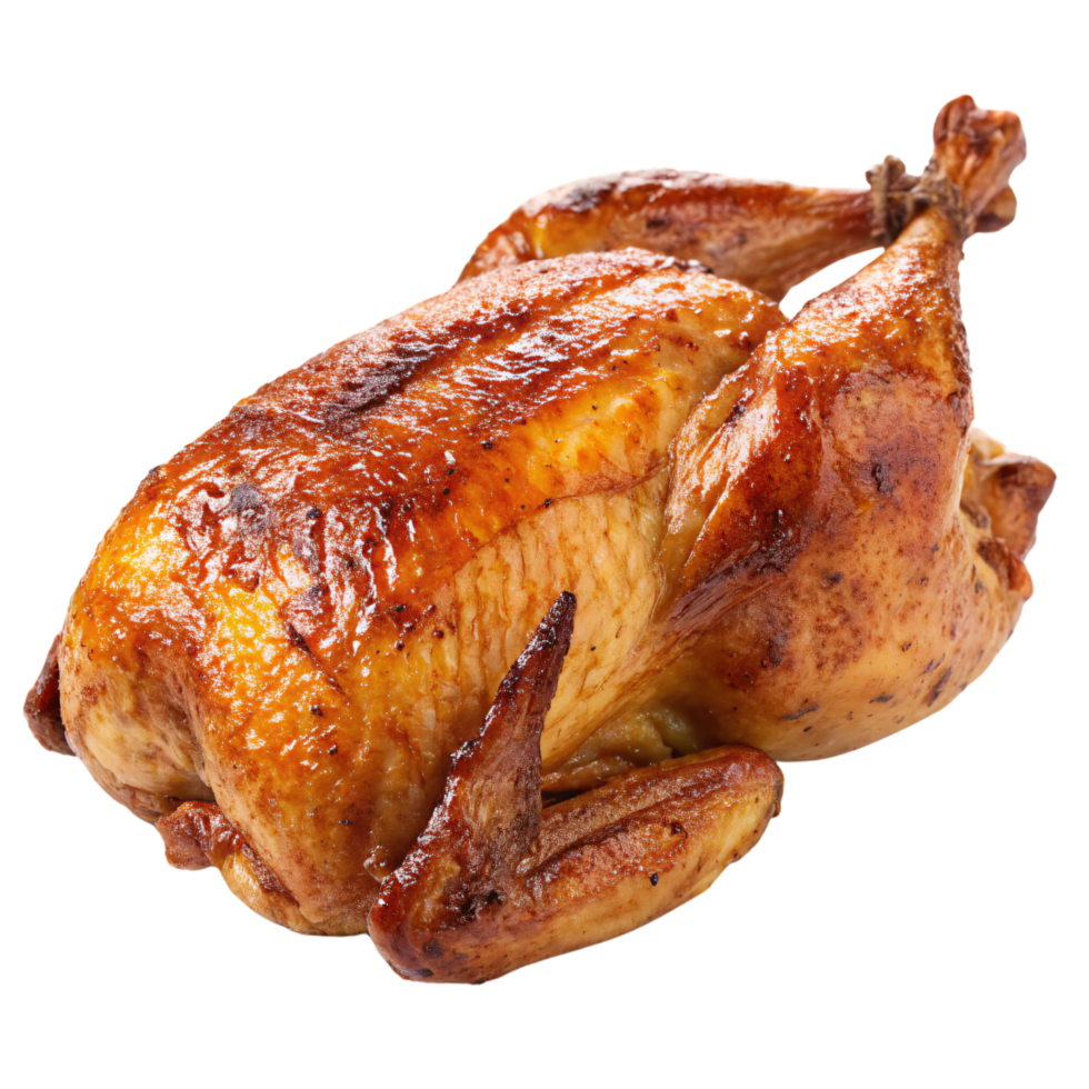 A view of a roasted chicken, slightly different angle, showcasing its plump, juicy appearance with browned skin and appealing texture png