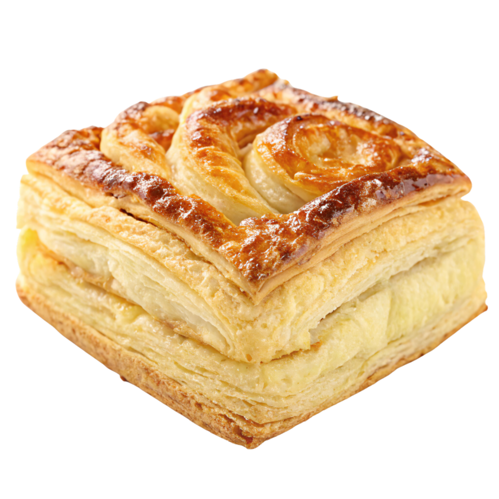A layered square pastry with intricate folded dough patterns on top, creating a visually appealing and appetizing treat png