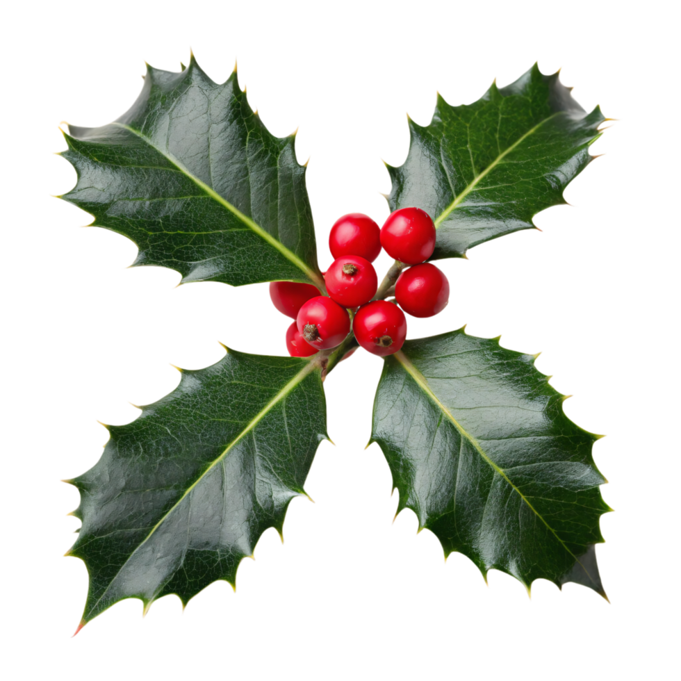 Symmetrically arranged holly leaves, deep green with yellow veins, frame a group of plump red berries, creating a festive pattern png