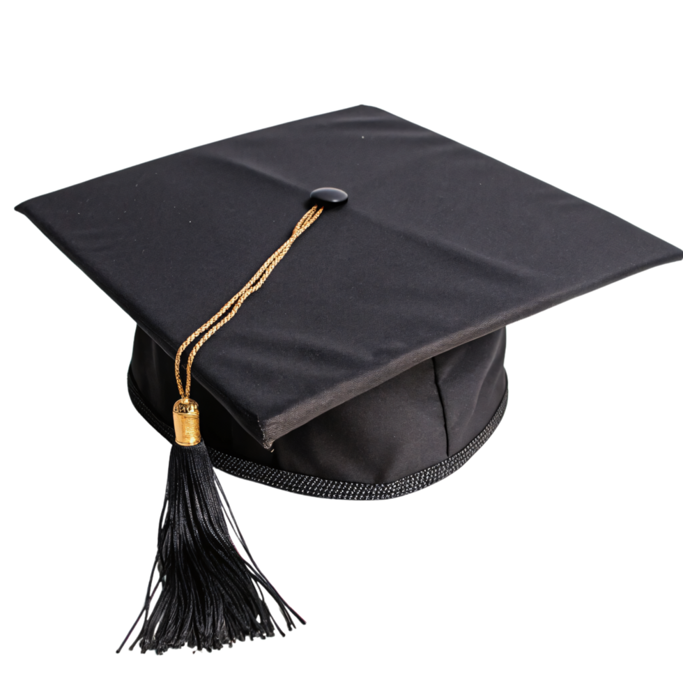 A black graduation cap with a long, elegant black tassel and a gold accent, representing academic achievement and ceremonial pride png