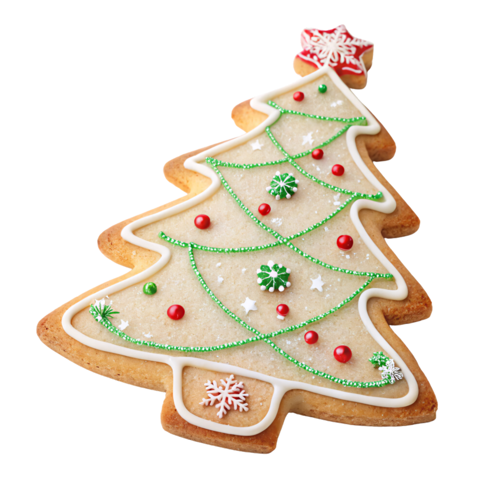 Christmas tree cookie with green garland, red ornaments, and a red star topper, featuring a simple, elegant design perfect for the season png