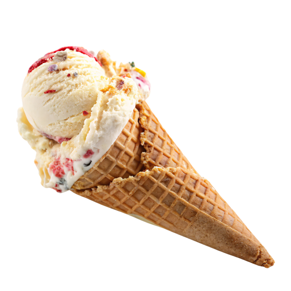 A waffle cone holding creamy vanilla ice cream with red berry swirls, offering a delightful balance of textures and colors png