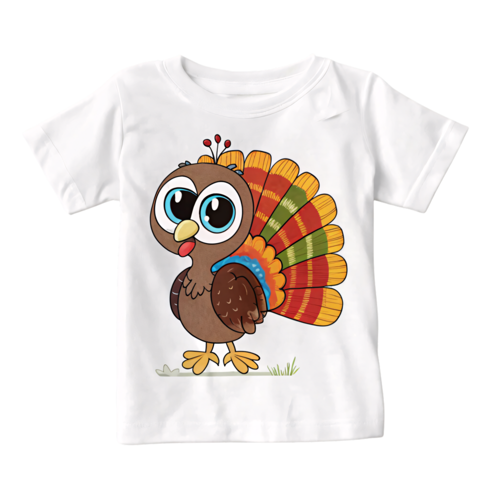 Playful turkey illustration on a white t-shirt, featuring bright eyes, vibrant feather colors, and a cheerful pose for festive wear png