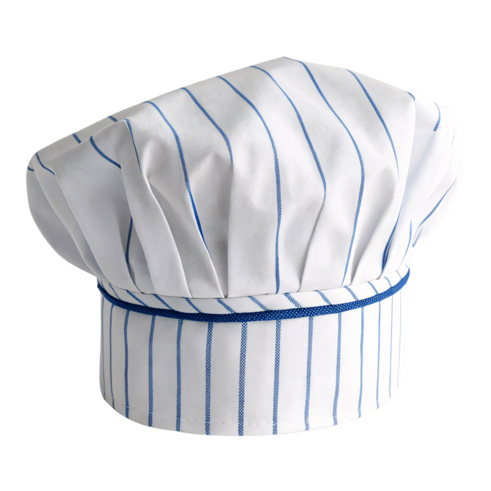 A hat chef with blue pinstripes and matching blue trim, adding a modern touch to traditional culinary attire png