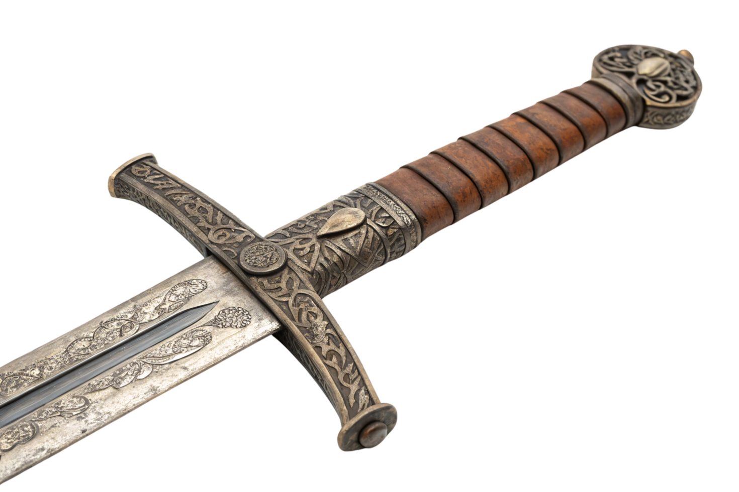 Antique sword hilt with intricate carvings, a leather-wrapped grip, and metallic detailing. Represents craftsmanship and historical elegance png