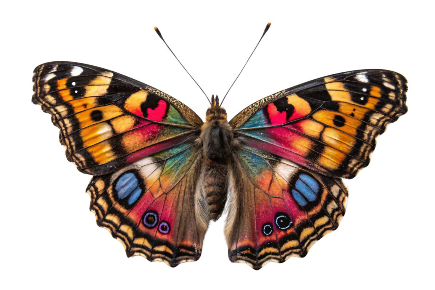 A butterfly with detailed, colorful wings, featuring spots of red, blue, and orange. A beautiful close-up showcasing nature artistry png