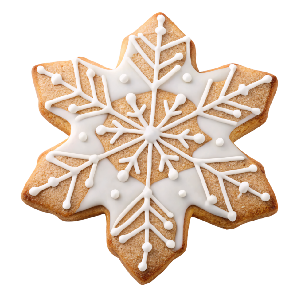 Star-shaped cookie with intricate white icing lines forming a beautiful snowflake, a delicate and classic representation of winter festivities png