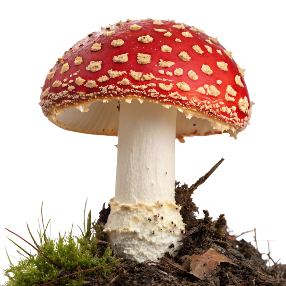 A vibrant red mushroom with white spots, standing in earthy surroundings, displaying a classic, fairy-tale appearance png