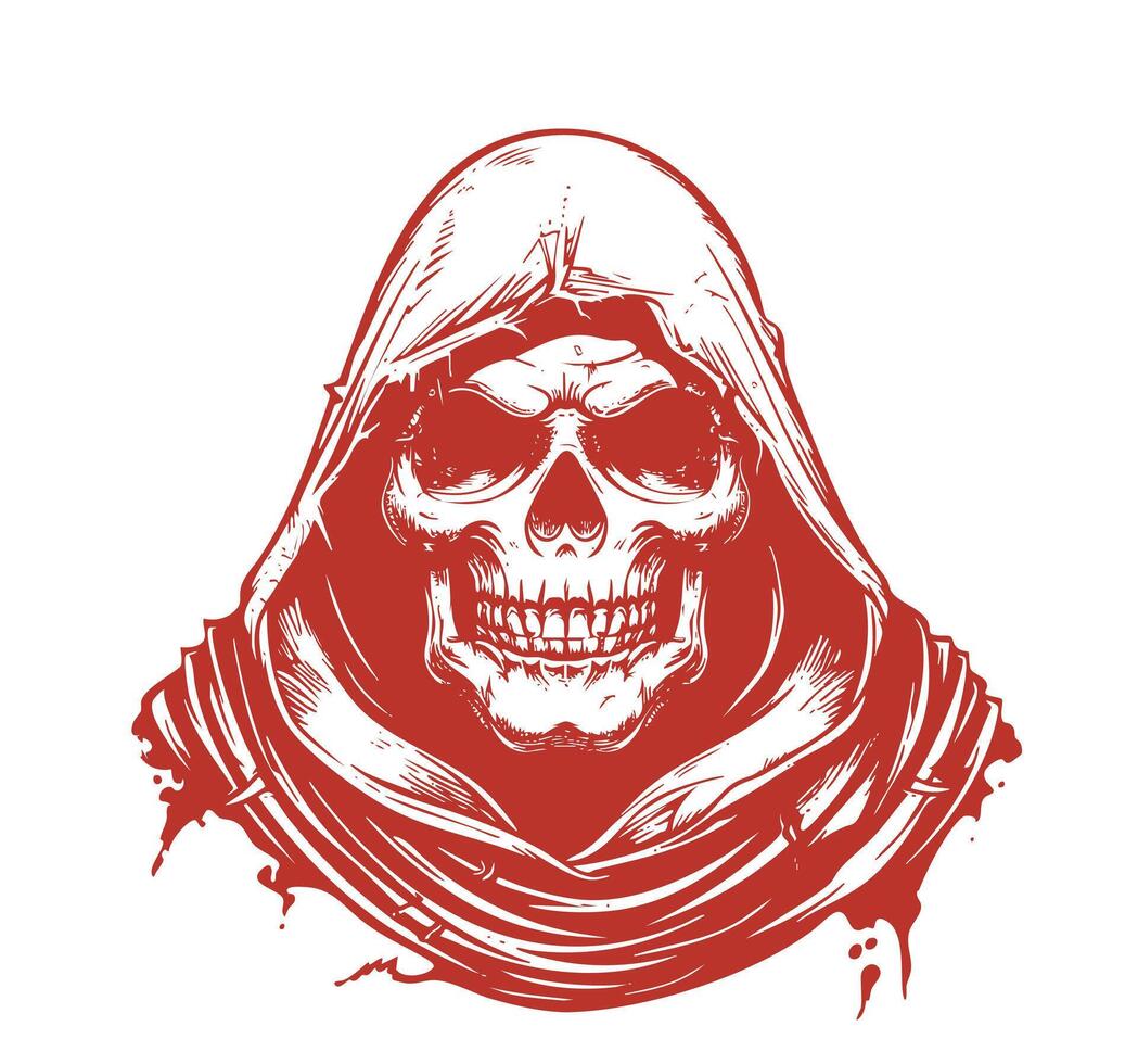 Death in a cloak emblem design. Monochrome element with hooded skeleton vector