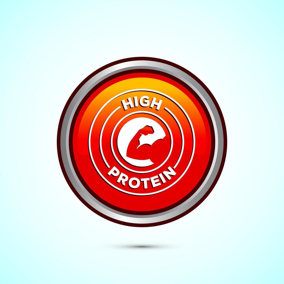 High protein icon, High protein label design for packaging, Nutrition healthy eating badge, Orange color round button design vector