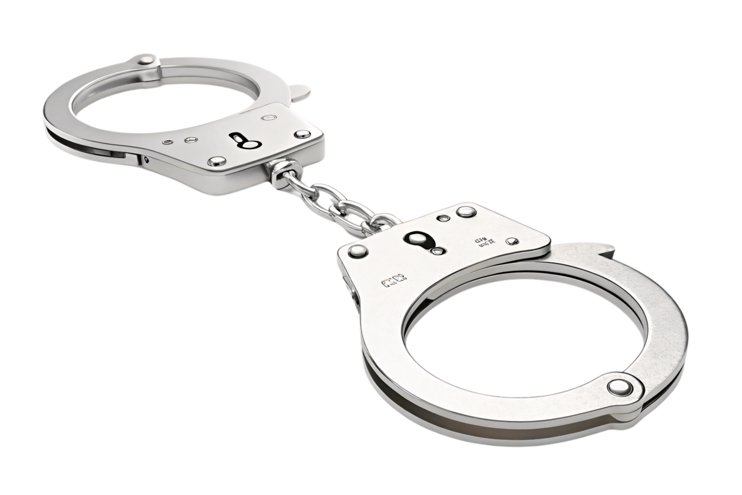 A close-up of shiny silver handcuffs, linked by a short chain, reflecting sharp light, representing authority, justice, or restraint png