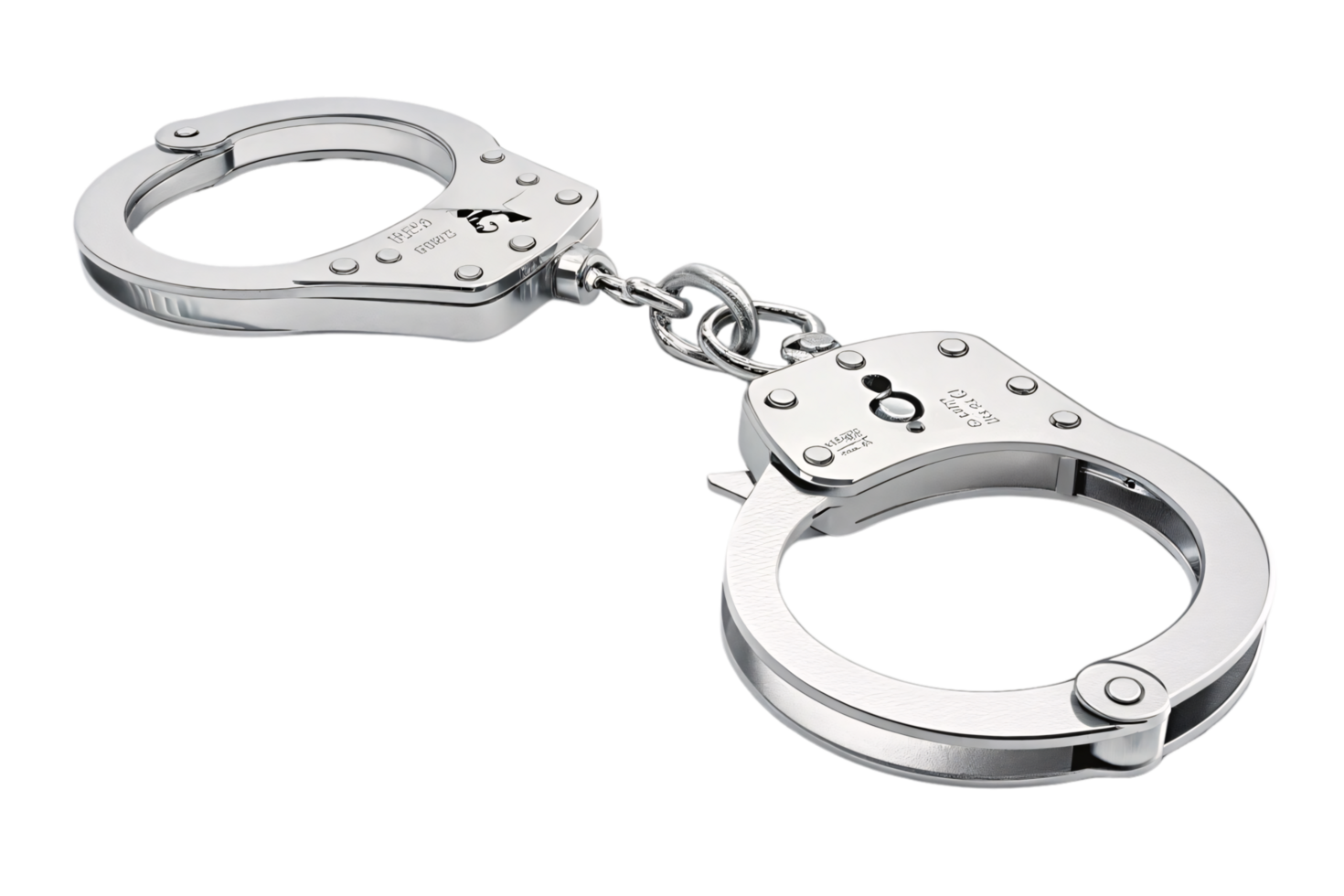 A polished pair of silver handcuffs, slightly open, showcasing intricate mechanical detailing and durable chain links, emphasizing functionality and design png