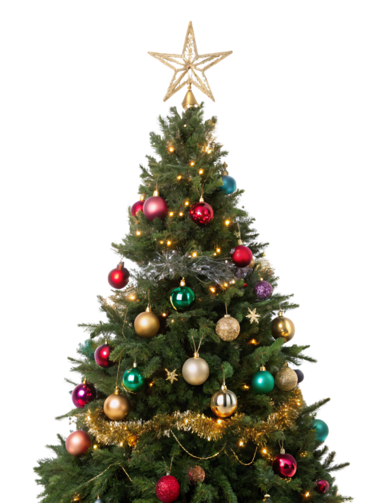 Decorated evergreen tree with golden tinsel, glowing lights, multicolored ornaments, and a shining star topper, radiating holiday cheer png