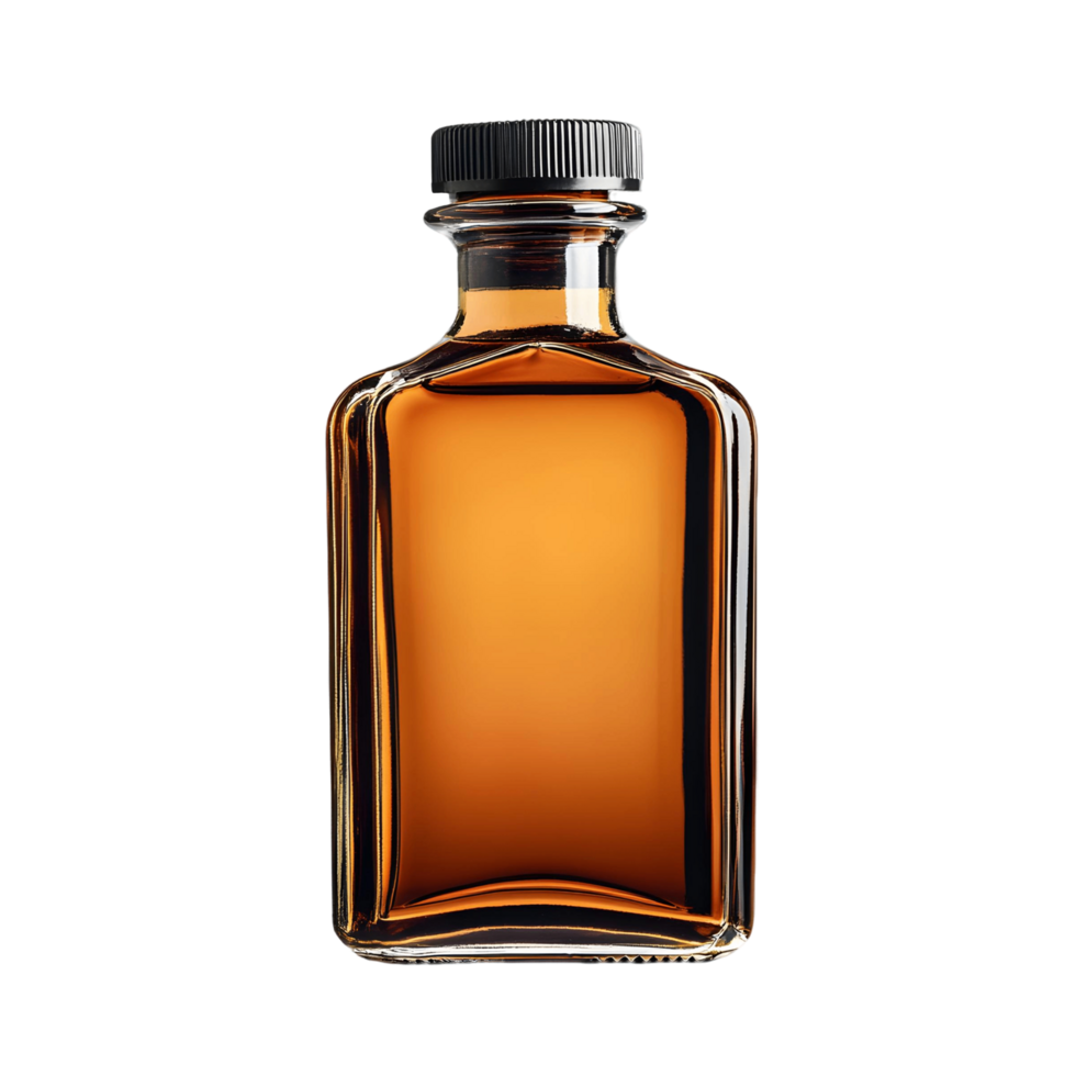 Bottle of amber colored liquor with a black cap png
