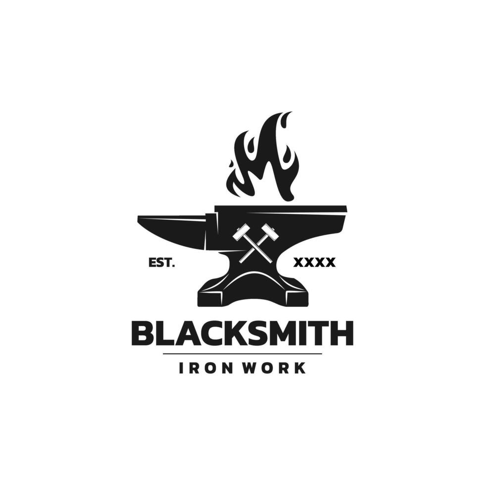 Hammer anvil art blacksmith logo with fire symbol design illustration. Suitable for your design need, logo, illustration, animation, etc. vector