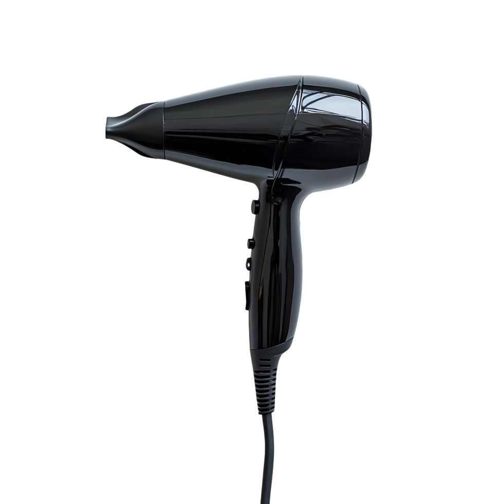 Black Hair Dryer with a Black Handle Resting on Transparent Surface png