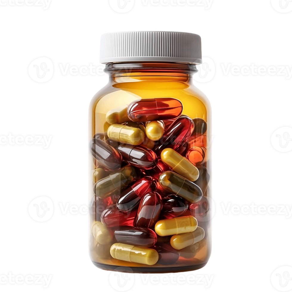 Bottle of Multivitamins with White Cap Resting on Transparent Surface png