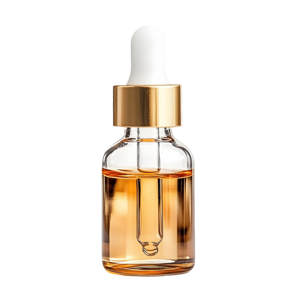 Bottle of Oil with Gold Cap Resting on Transparent Surface png
