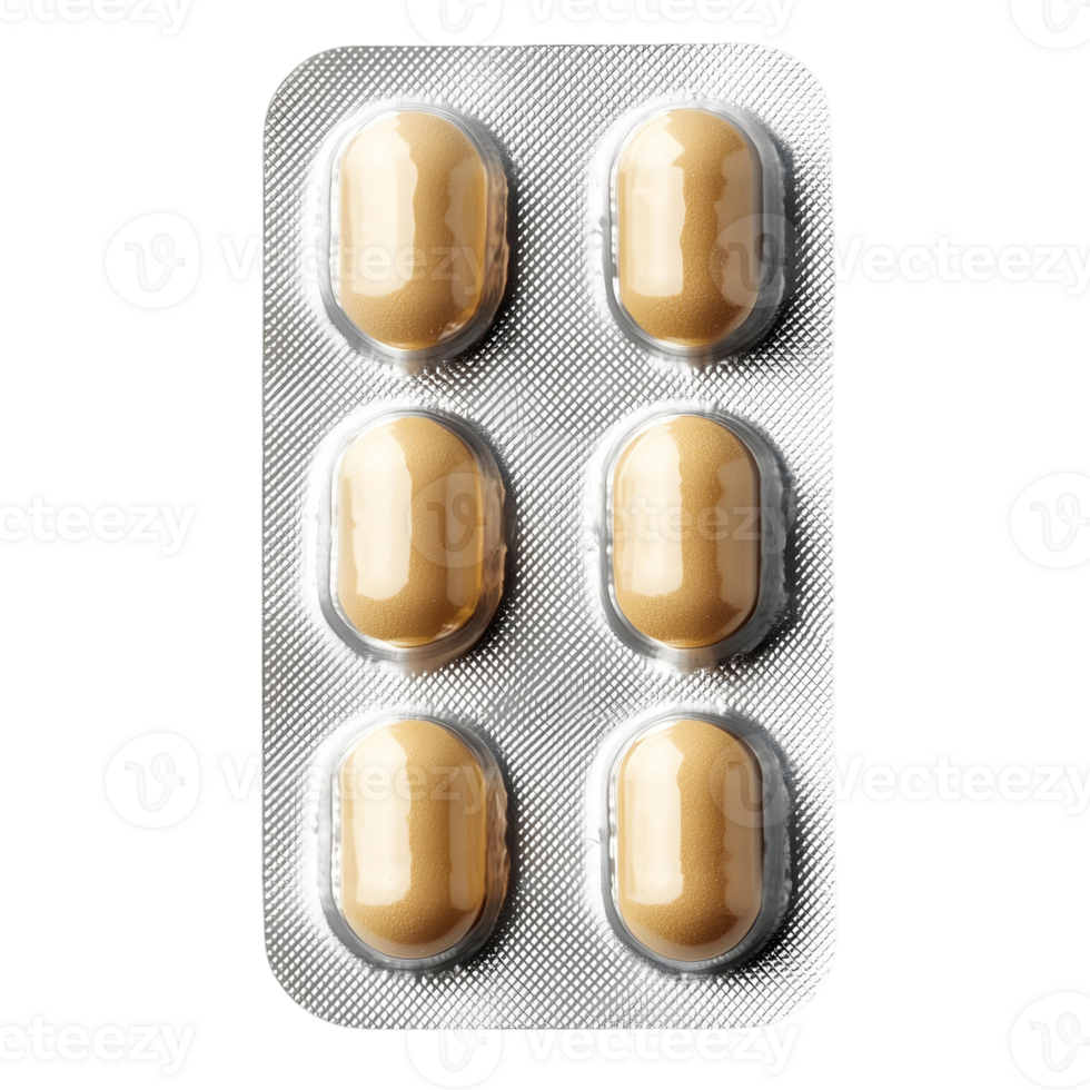 Packet of Pills with Silver Wrapper Resting on Transparent Background png