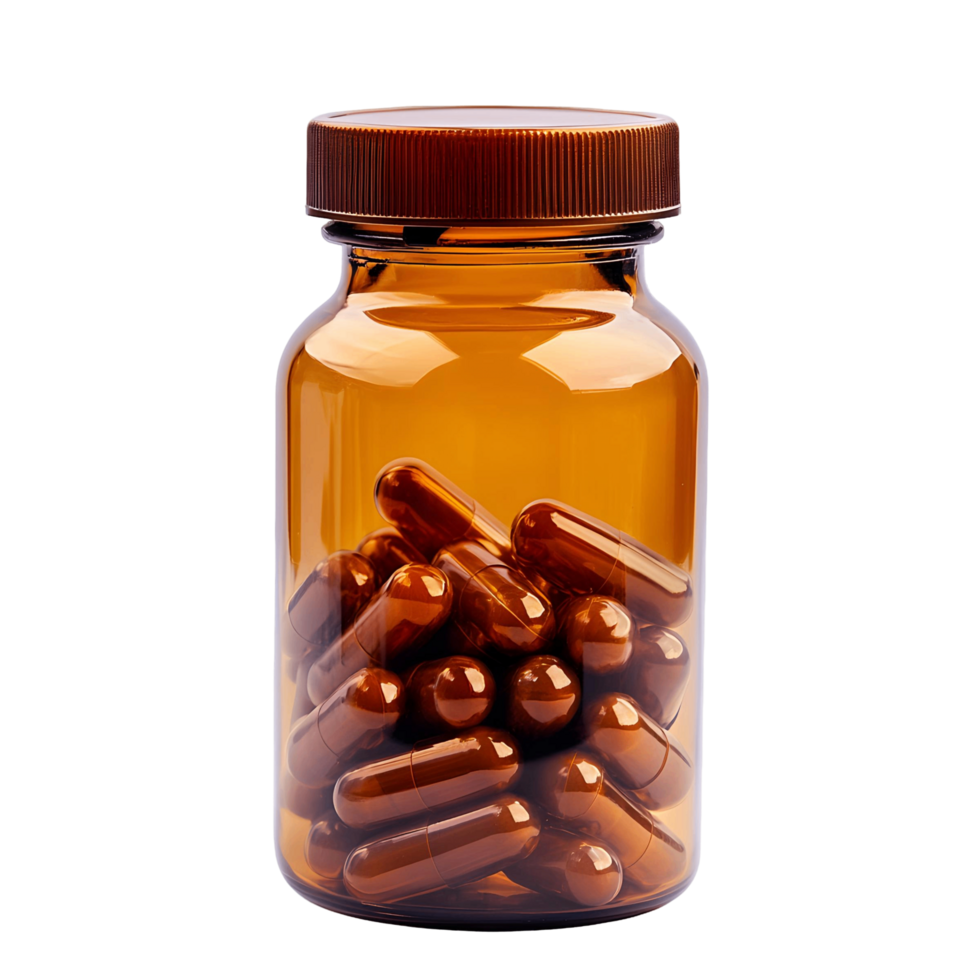 Bottle of Pills with Brown Cap Resting on Transparent Surface png