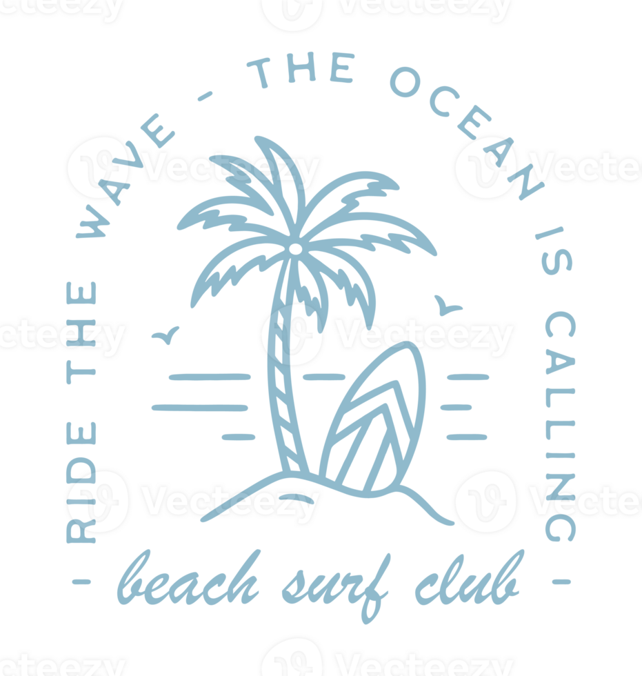Surf club surfing beach lover surfer squad group class logo badge the Ocean is calling ride the wave boho retro vintage blue aesthetic minimal illustration text for shirt design transparent background png