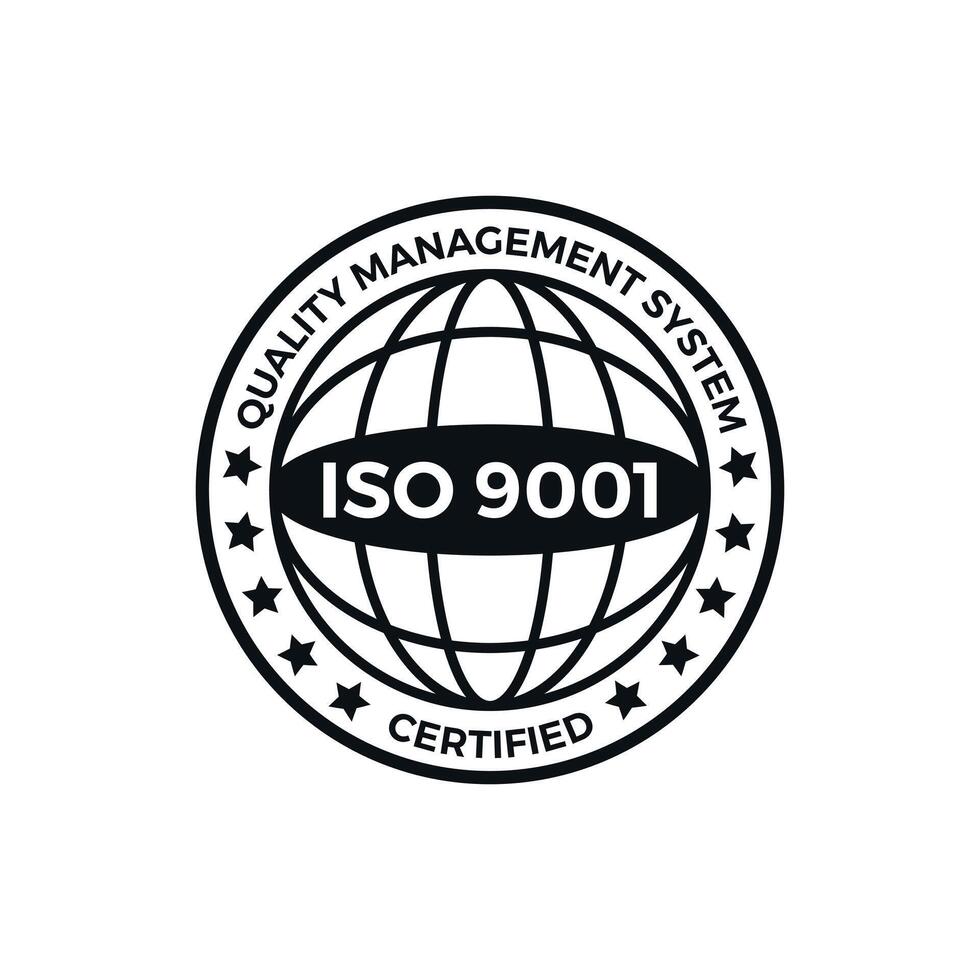 ISO 9001 certified label, illustration. Iso 9001 standard certified icon on white background. vector