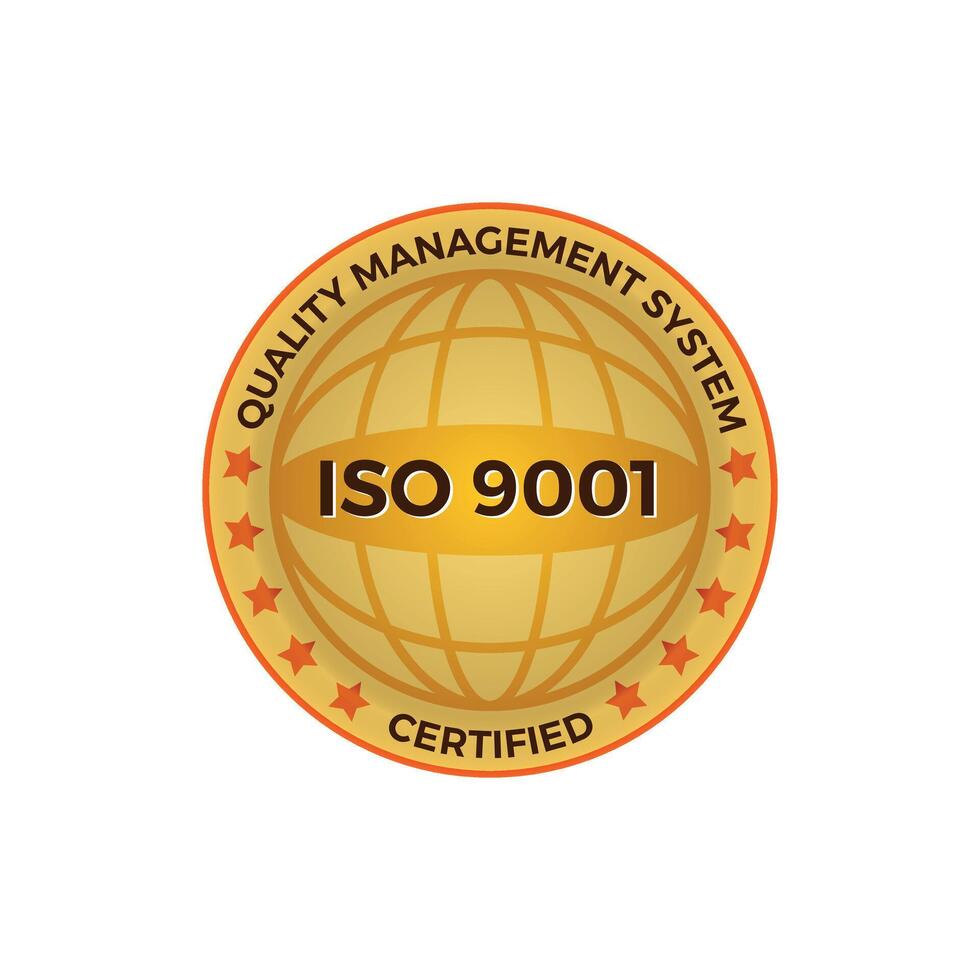 ISO 9001 certified golden label, illustration. ISO 9001 standard certified icon on white background. vector