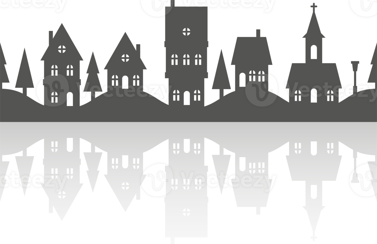 Silhouette of neighborhood houses. Small homes and buildings on skyline. Christmas town and village. Row of cottages on the street with fir trees and church. Seamless border. png