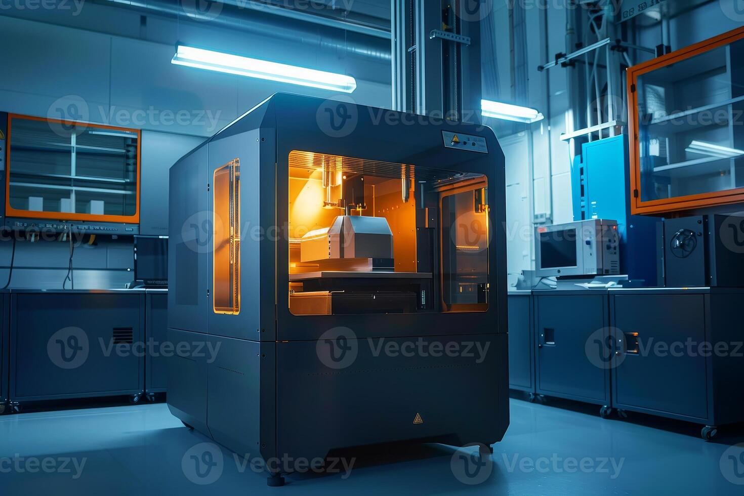 A high-tech 3D printer is positioned in a contemporary workshop, emitting a warm glow from its illuminated components. The setting highlights its advanced design and functionality photo