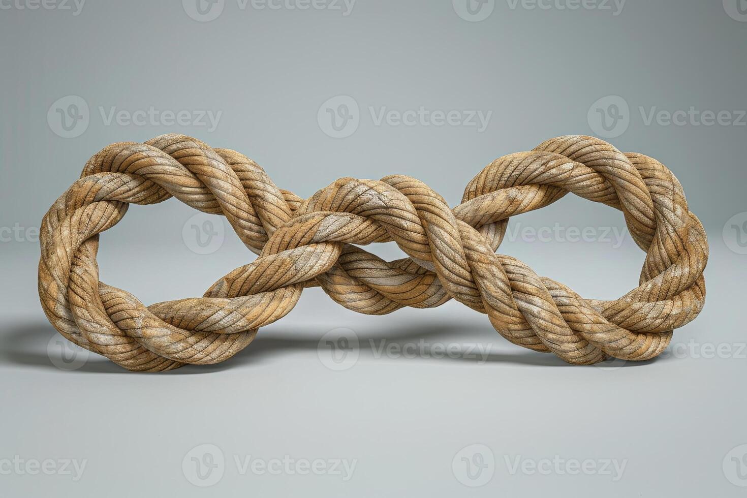 A meticulously crafted rope sculpture forms the shape of an infinity loop, highlighting natural fibers and textures against a simple gray backdrop photo