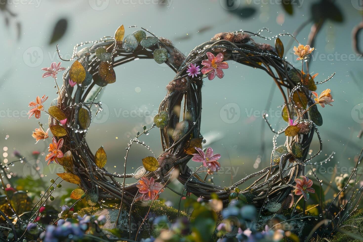 A heart-shaped wreath made of branches and colorful flowers sits among dew-covered grass. The soft morning light highlights the serene beauty of nature during dawn photo
