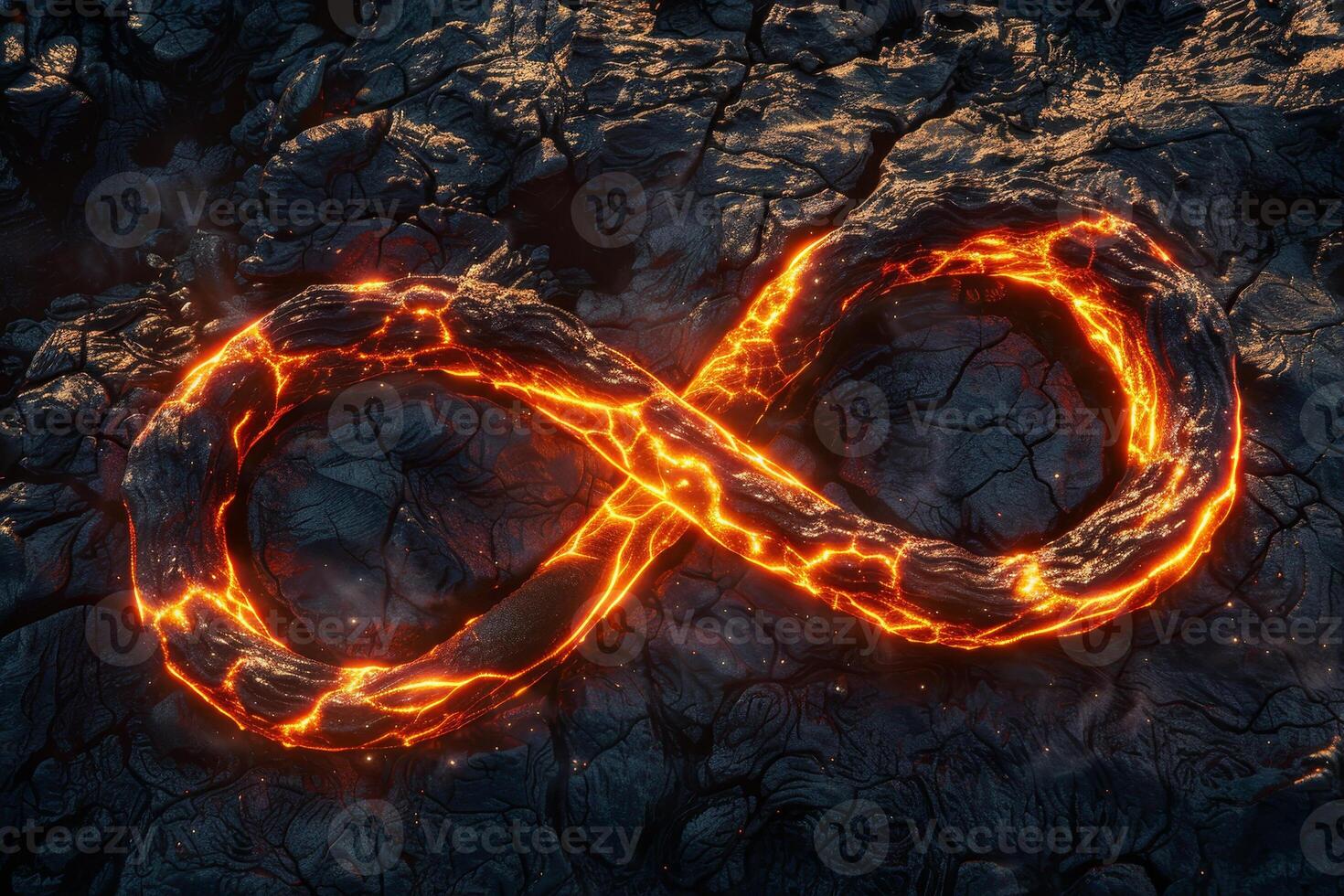 Molten lava shapes the infinity symbol as it flows over textured volcanic rock, creating a stunning contrast against the dark landscape at sunset photo