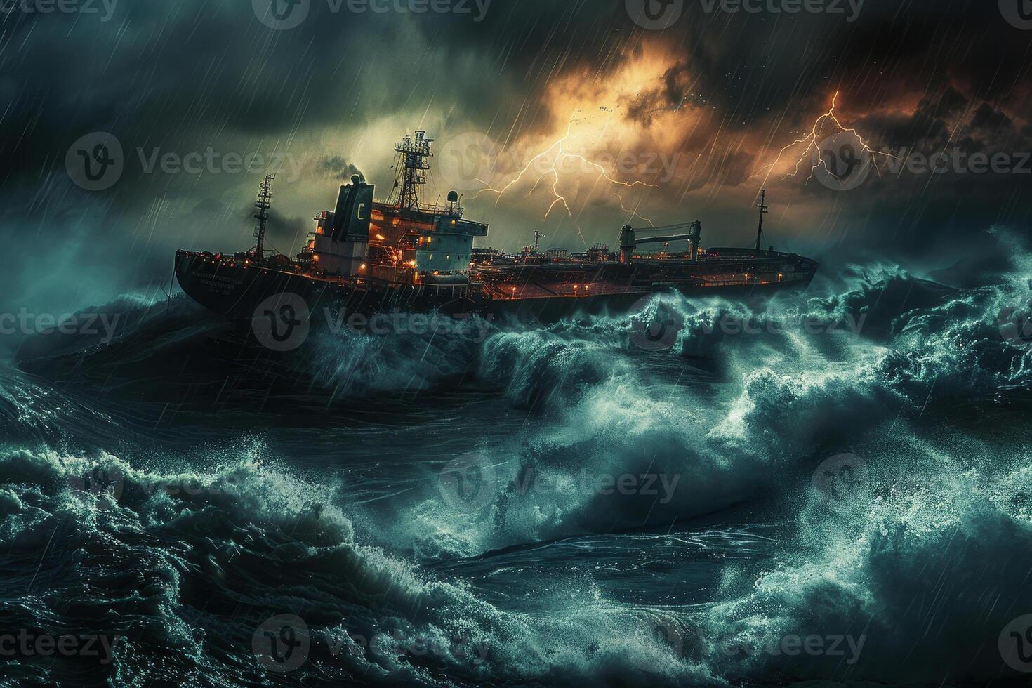 A cargo ship struggles against towering waves amidst a violent storm at sea, with flashes of lightning dramatically lighting up the dark clouds above photo