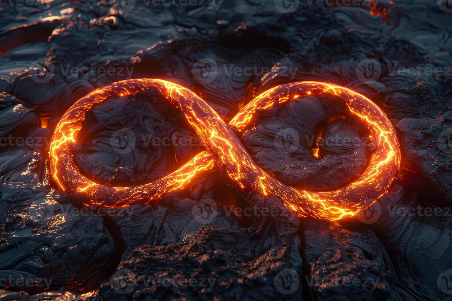 Molten lava creates a glowing infinity symbol on dark volcanic rock, showcasing the dynamic contrast between fire and earth during a night scene photo
