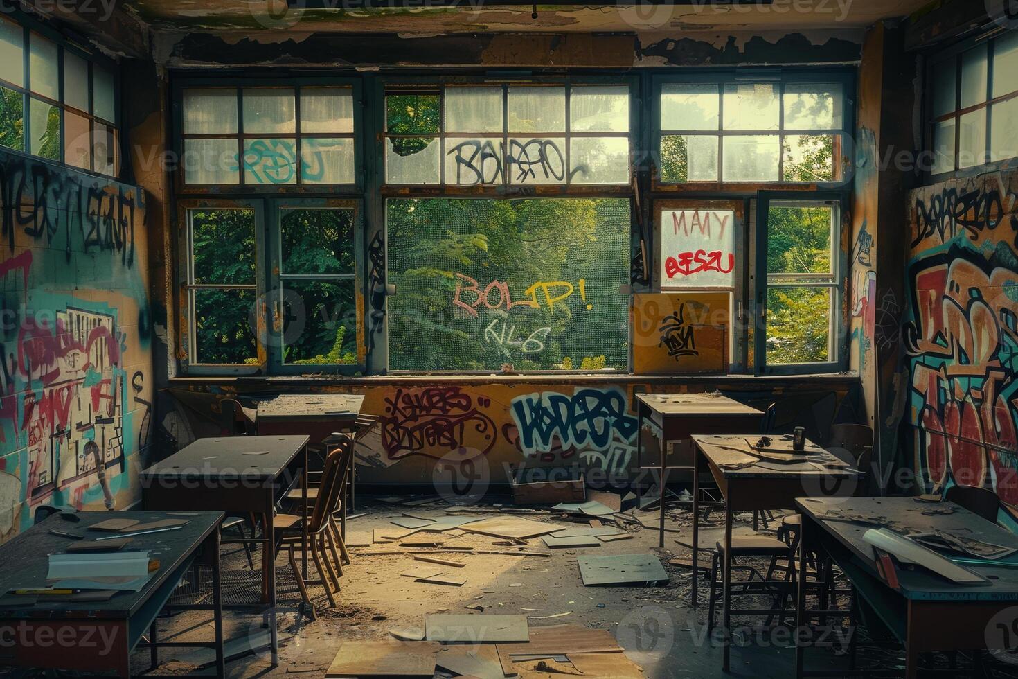 Deserted classroom displays colorful graffiti on walls and shattered windows, with sunlight filtering in and revealing scattered debris and foliage outside photo