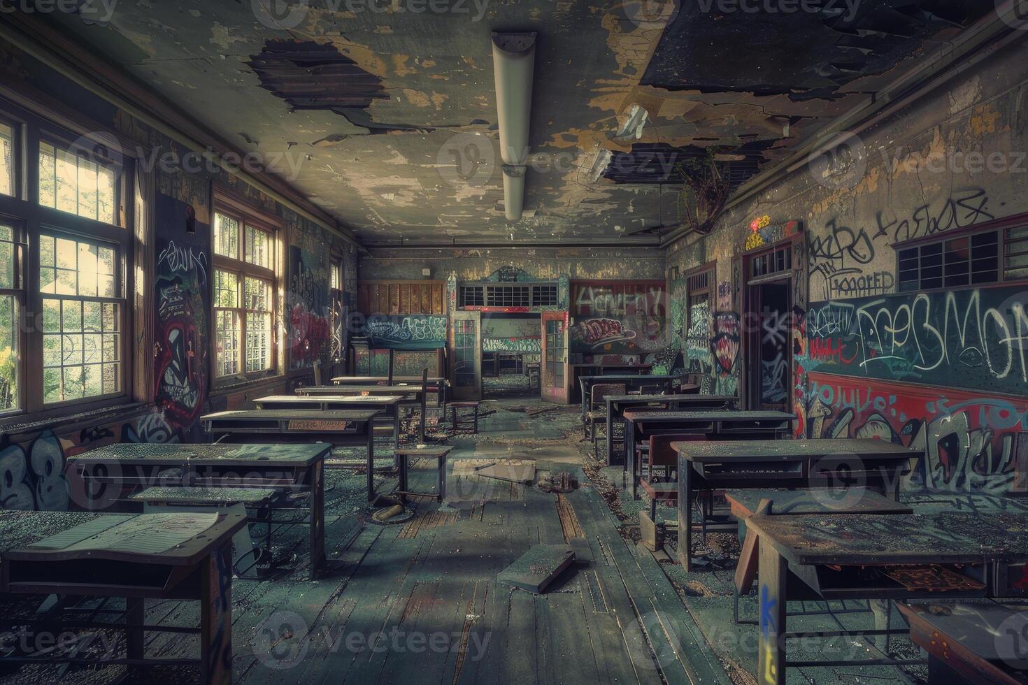 Dust and debris cover the floor of an old classroom where broken desks and chairs are scattered, surrounded by colorful graffiti on peeling walls and damaged ceilings photo