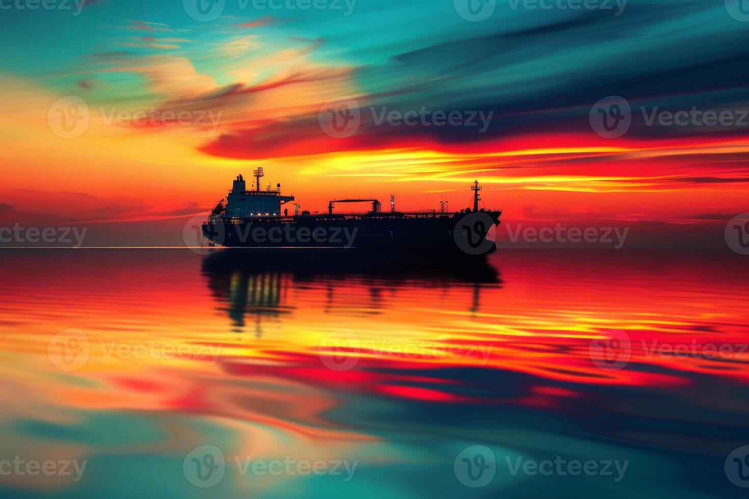 A cargo ship floats peacefully on tranquil waters, surrounded by a stunning sunset. Colorful hues of orange, pink, and blue reflect beautifully on the surface, creating a serene atmosphere photo