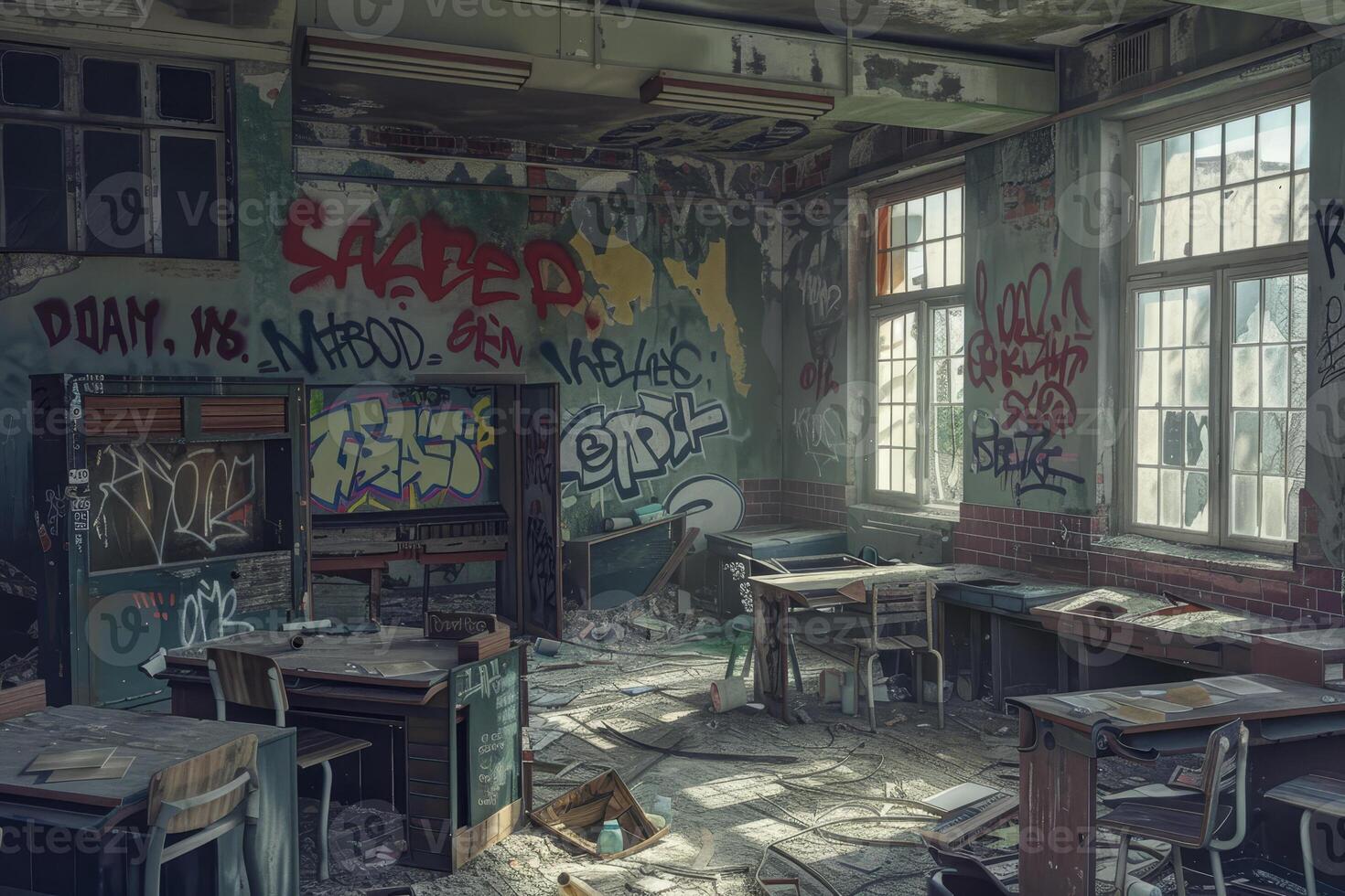 Dust covers the floor of a deserted classroom, where graffiti covers the walls and old desks lie scattered among debris, illuminated by streaming sunlight photo